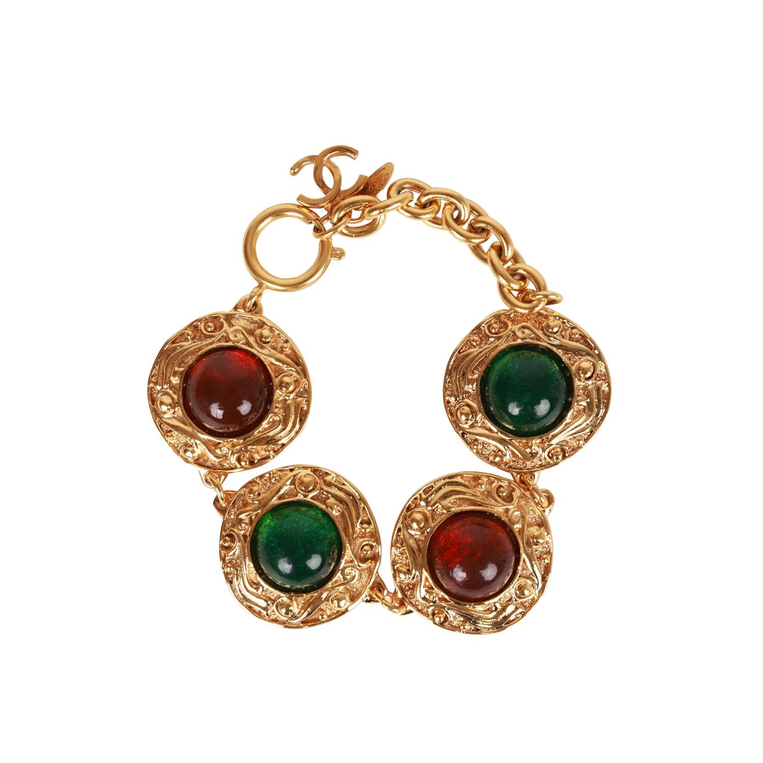 Chanel Vintage Gold, Green and Red Gripoix Medallion Bracelet