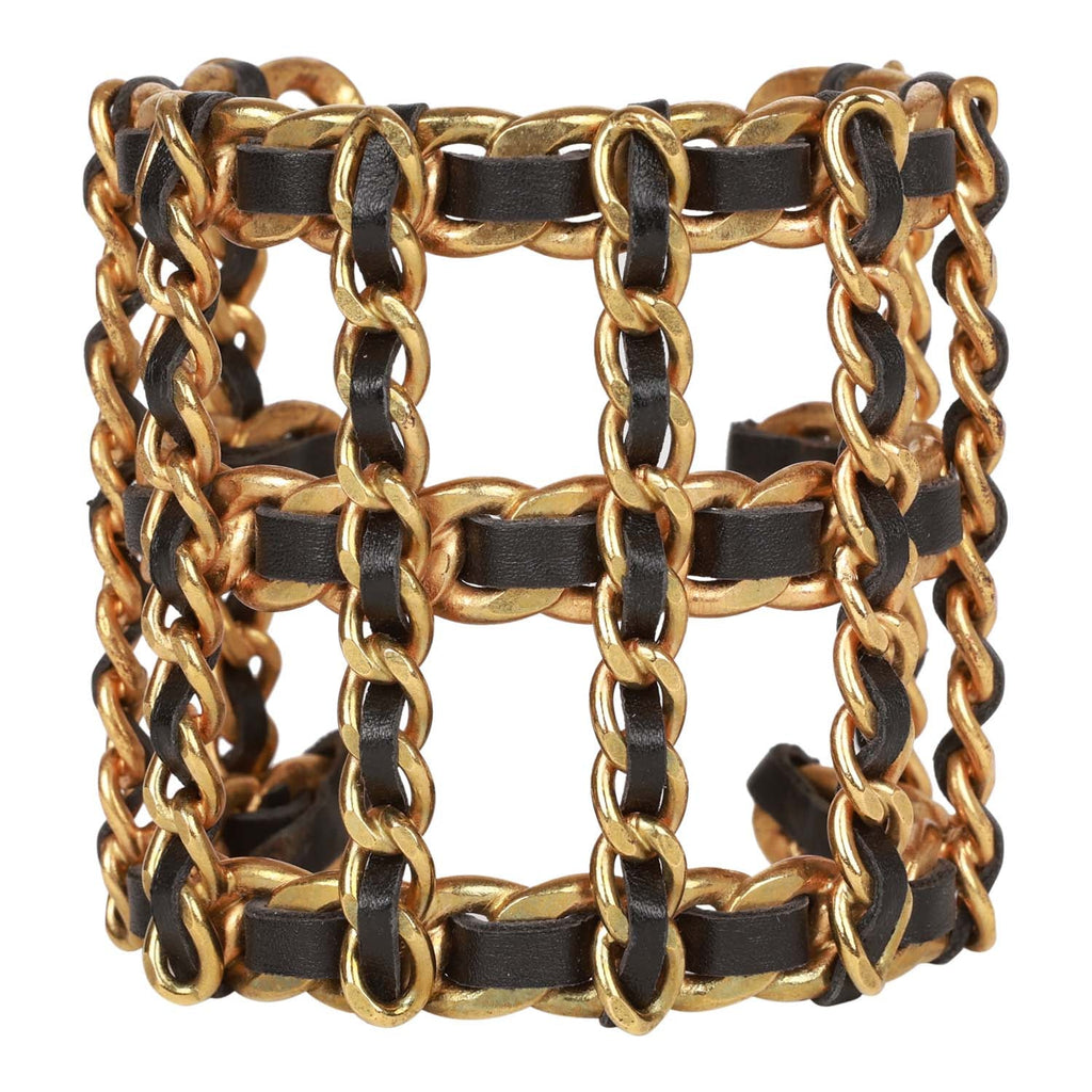 Chanel Vintage Gold Chain and Black Leather Cuff Bracelet