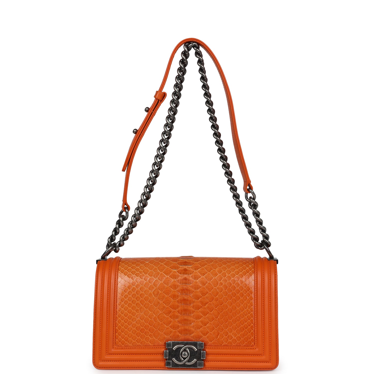 Chanel Medium Boy Bag Orange Python Aged Ruthenium Hardware