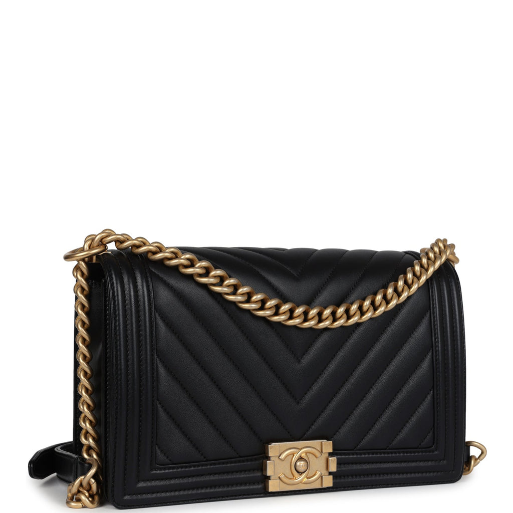 Chanel New Medium Chevron Boy Bag Black Calfskin Antique Gold Hardware