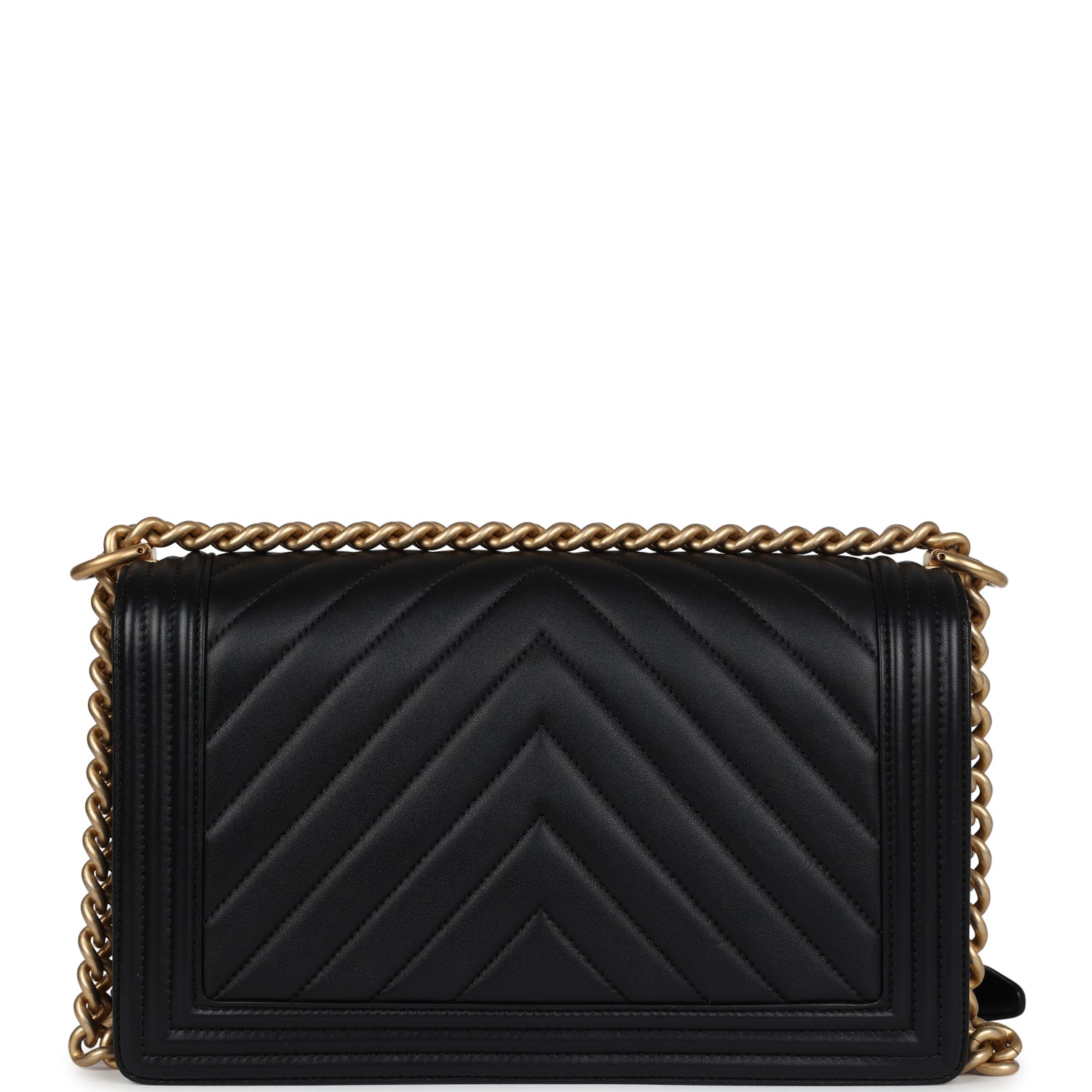 Chanel New Medium Chevron Boy Bag Black Calfskin Antique Gold Hardware