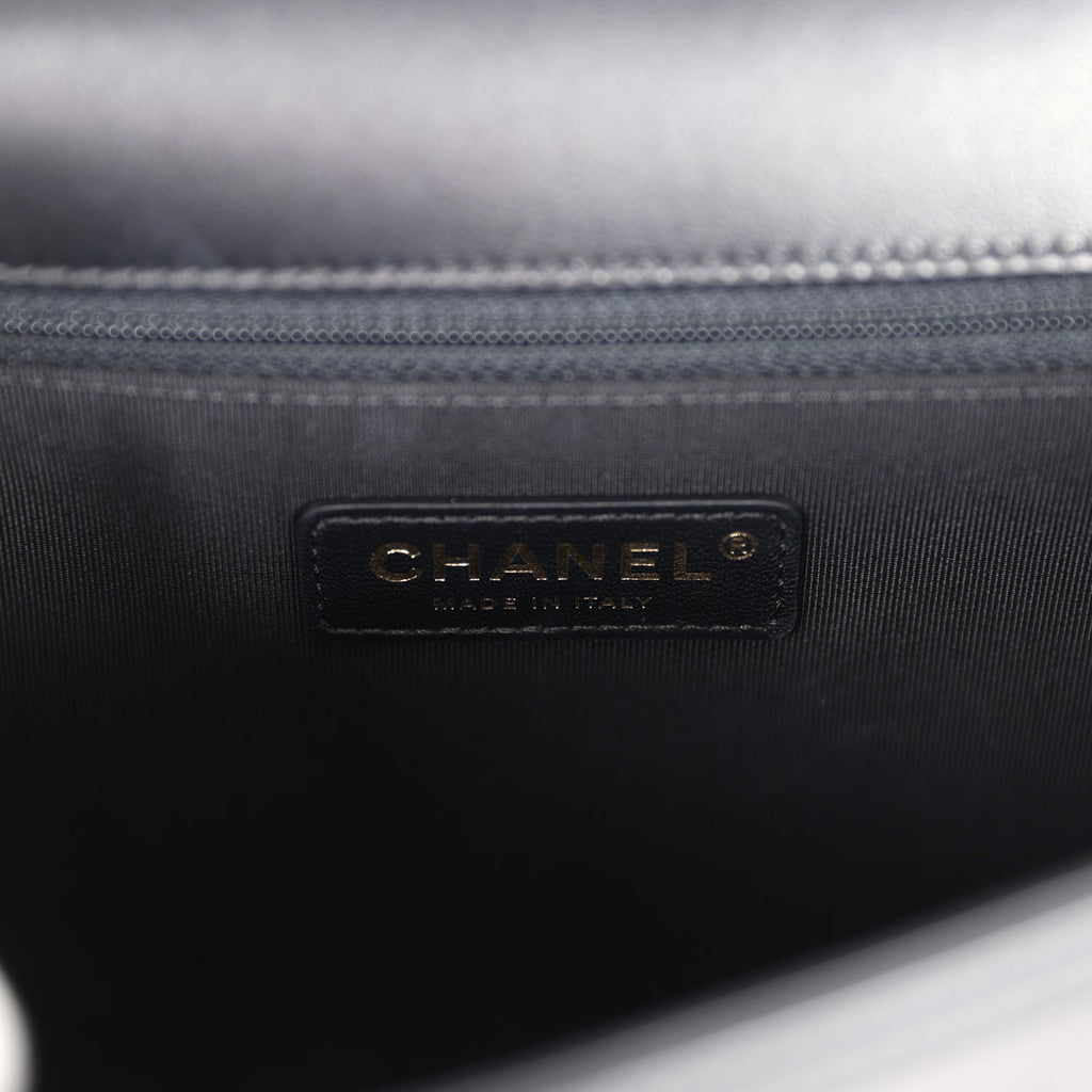 Chanel New Medium Chevron Boy Bag Black Calfskin Antique Gold Hardware