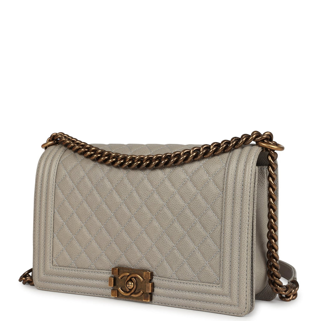Chanel New Medium Boy Bag Grey Caviar Antique Gold Hardware