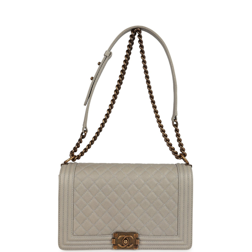 Chanel New Medium Boy Bag Grey Caviar Antique Gold Hardware