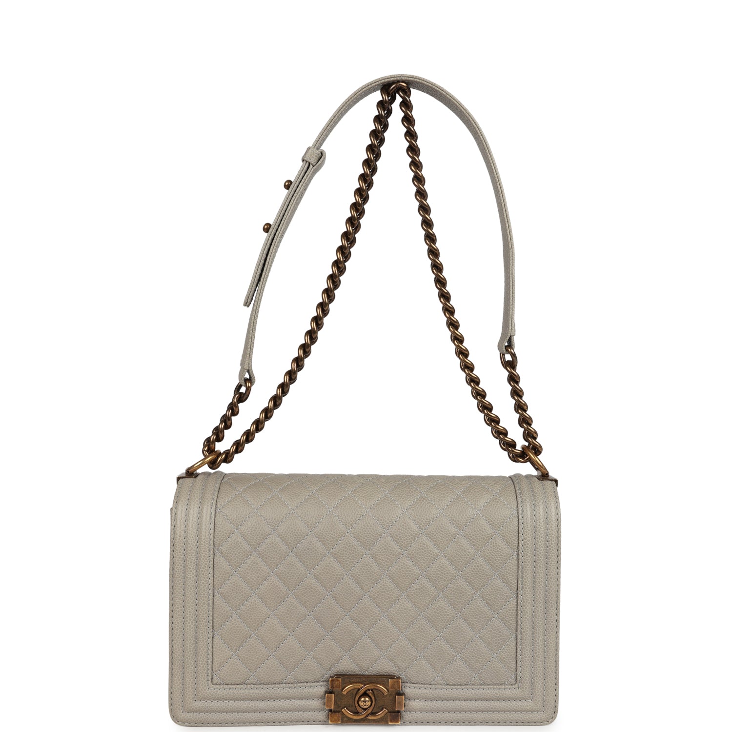 Chanel New Medium Boy Bag Grey Caviar Antique Gold Hardware