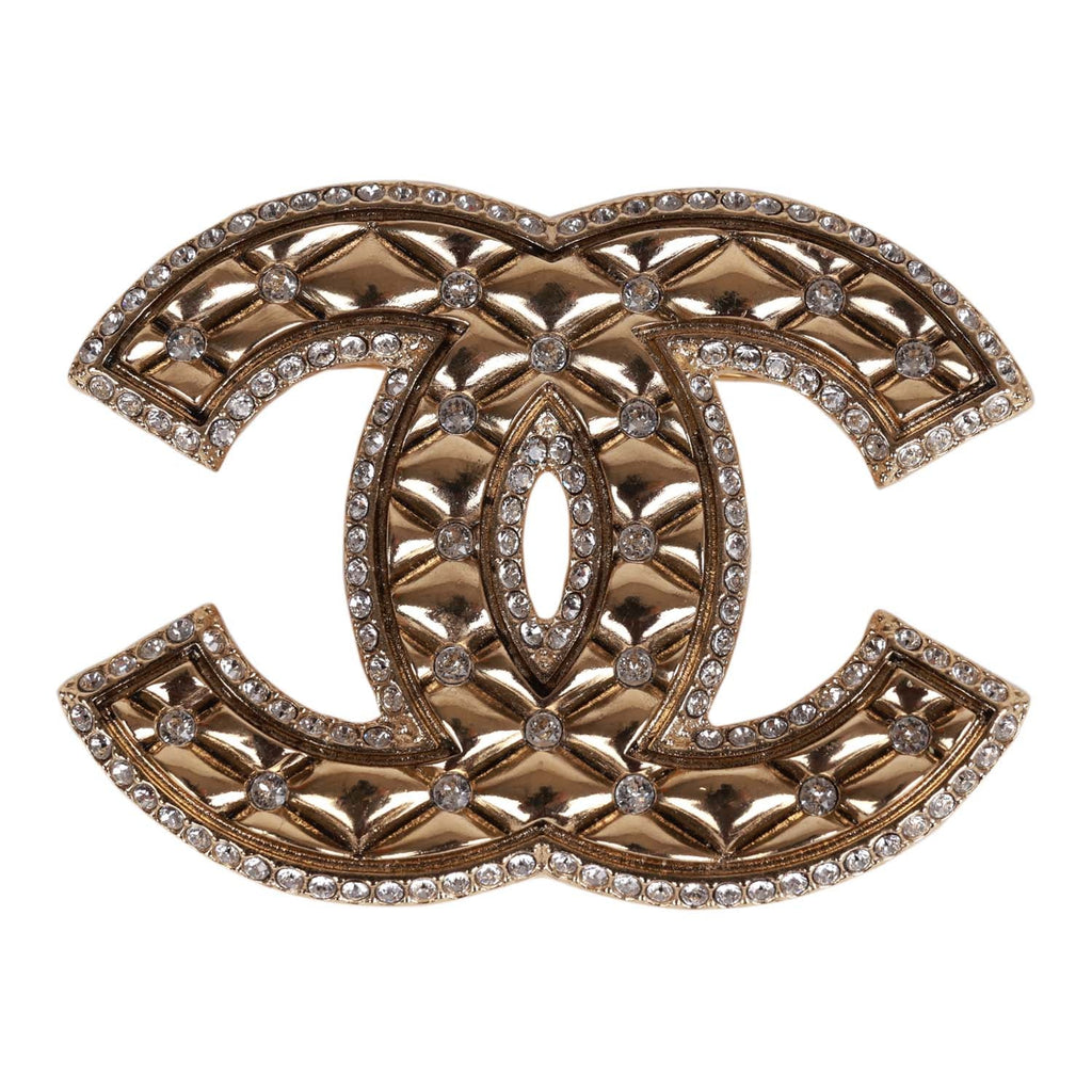 Chanel CC-Logo Gold Tone and Crystal Quilted Large Brooch