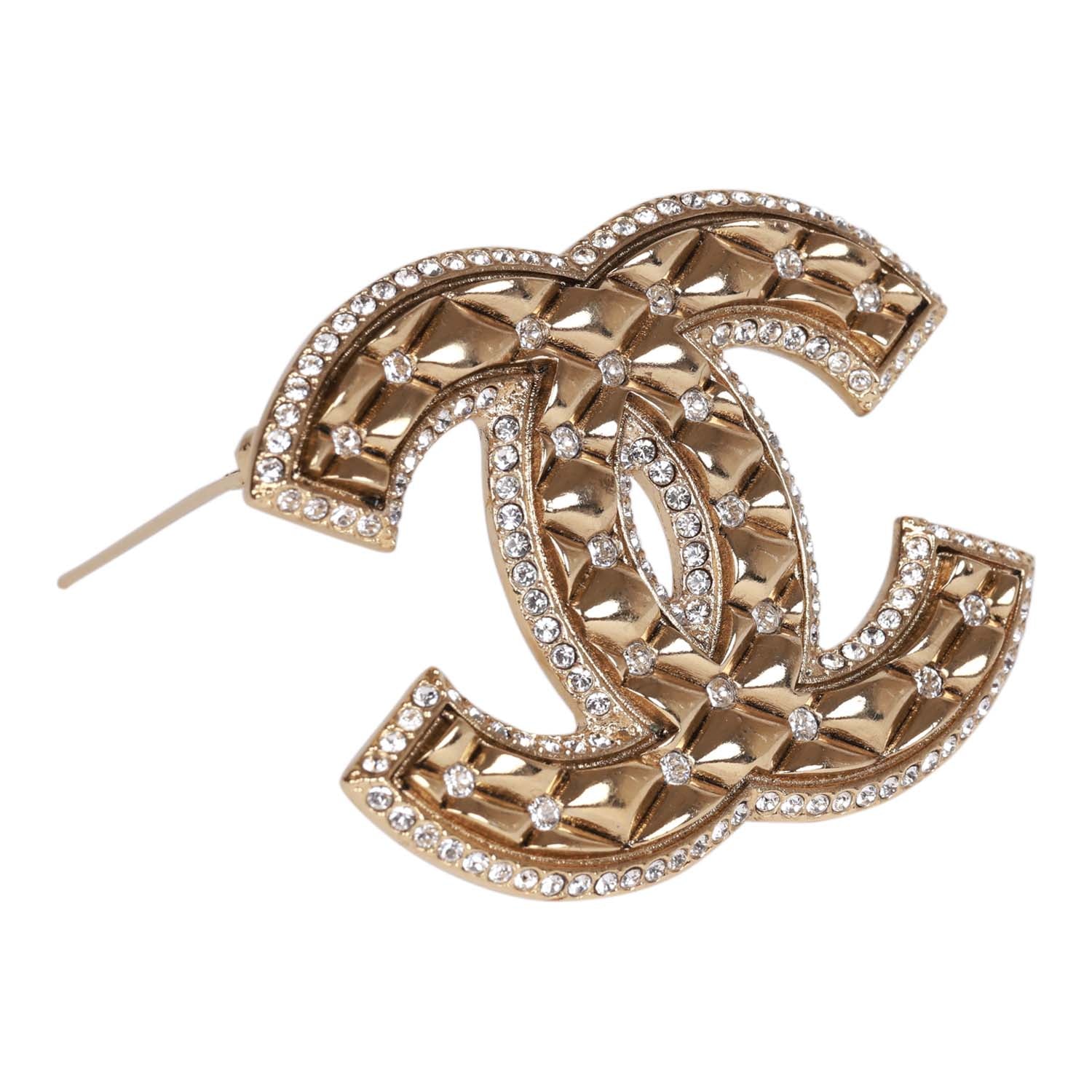 Chanel CC-Logo Gold Tone and Crystal Quilted Large Brooch
