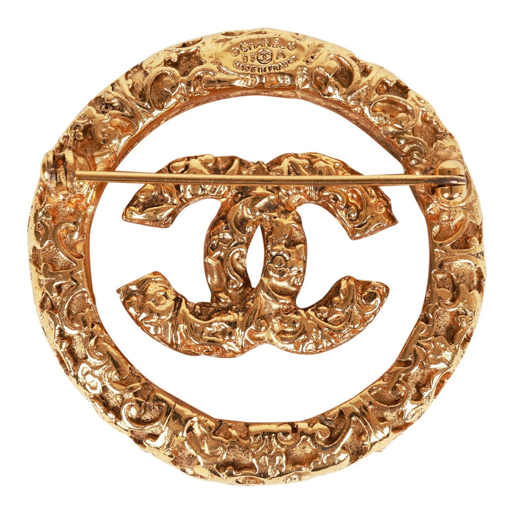 Chanel Vintage 24K Gold Plated Gold Tone CC Lava Textured Brooch