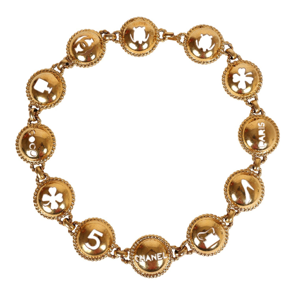 Chanel Vintage 24K Gold Plated Round Cutout Lucky Charms Chain Belt