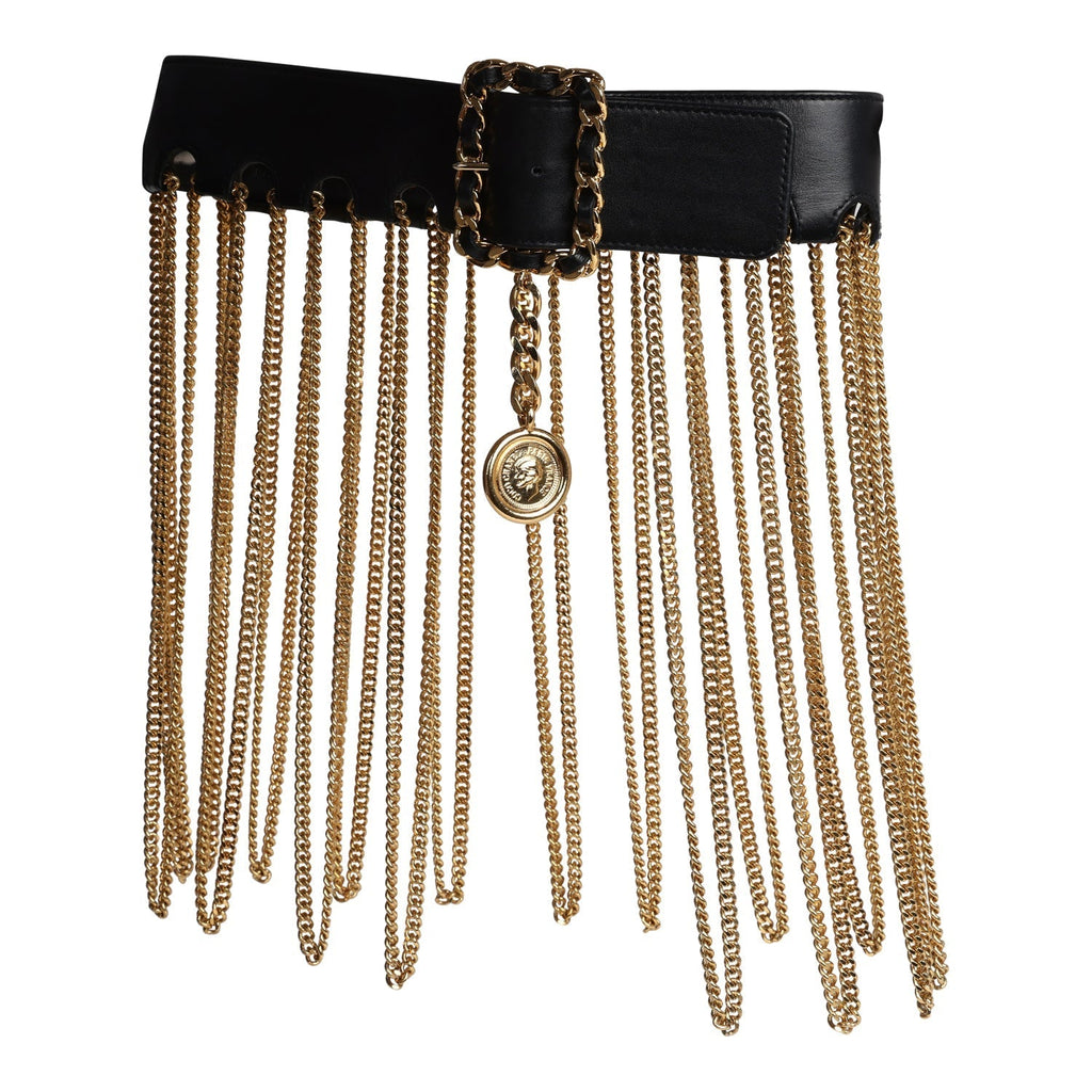 Chanel Vintage 24K Gold Plated Fringe Chain Leather Belt Black Leather
