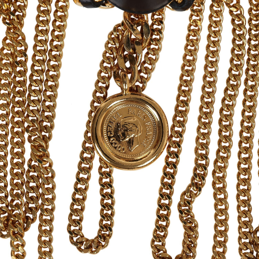 Chanel Vintage 24K Gold Plated Fringe Chain Leather Belt Black Leather