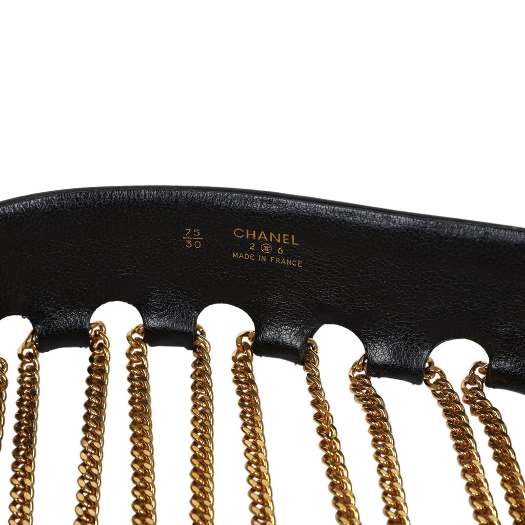 Chanel Vintage 24K Gold Plated Fringe Chain Leather Belt Black Leather