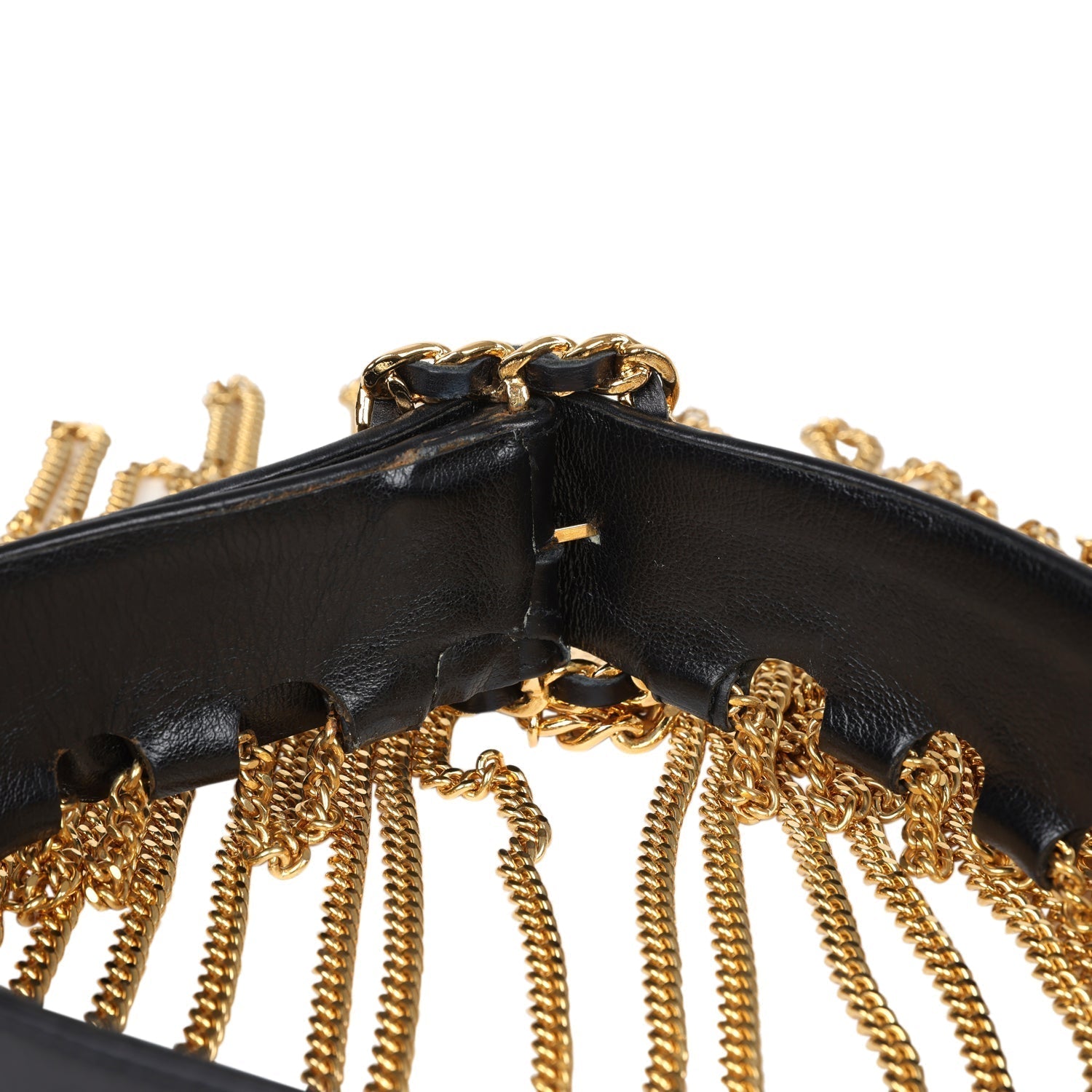 Chanel Vintage 24K Gold Plated Fringe Chain Leather Belt Black Leather