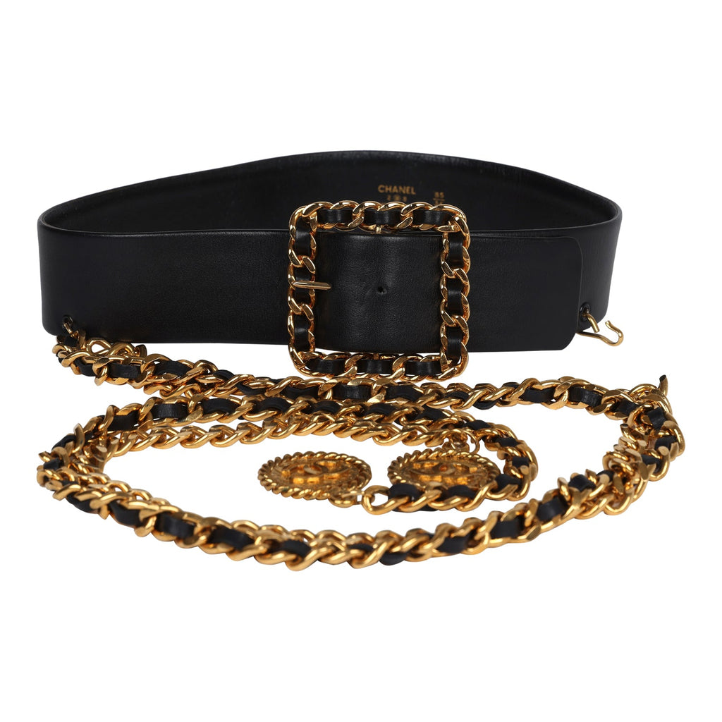 Chanel Vintage 24K Gold Plated CC Medallion Chainlink Leather Belt Black Leather