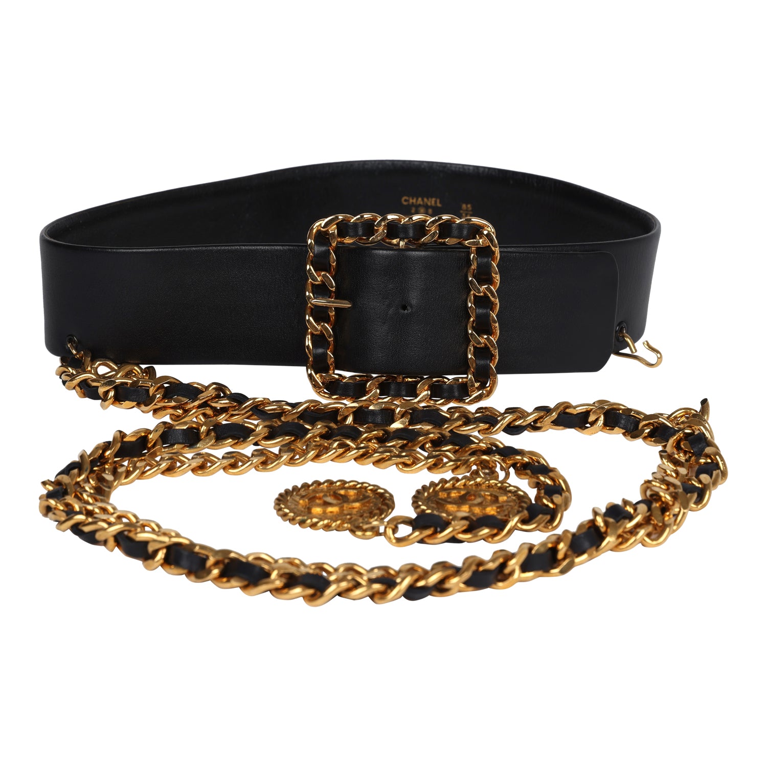 Chanel Vintage 24K Gold Plated CC Medallion Chainlink Leather Belt Black Leather