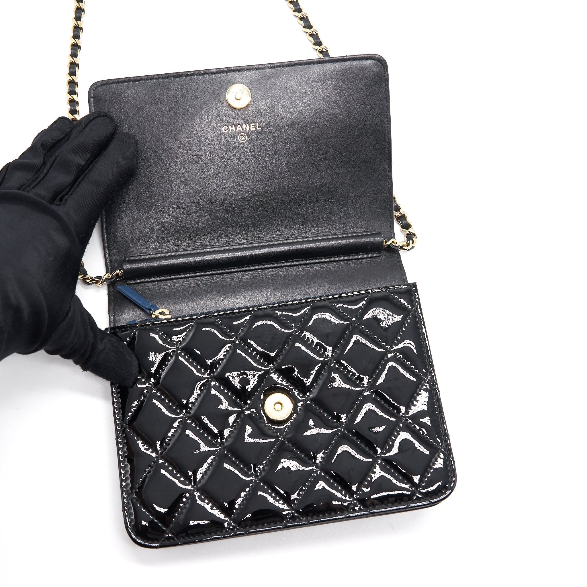 Chanel Square Wallet on Chain Patent Leather Black