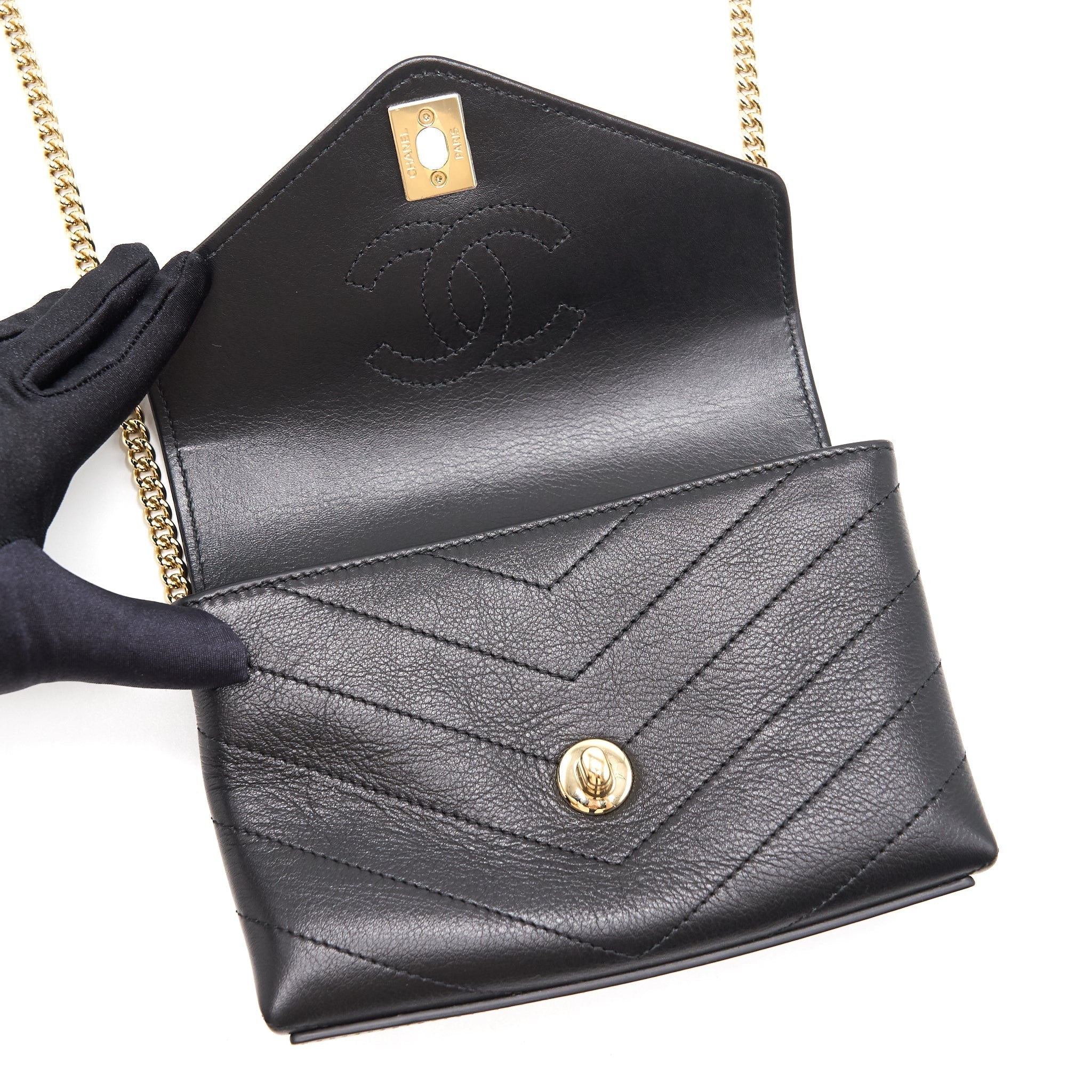 Chanel Calfskin Chevron Leather Chain Waist Bag Black