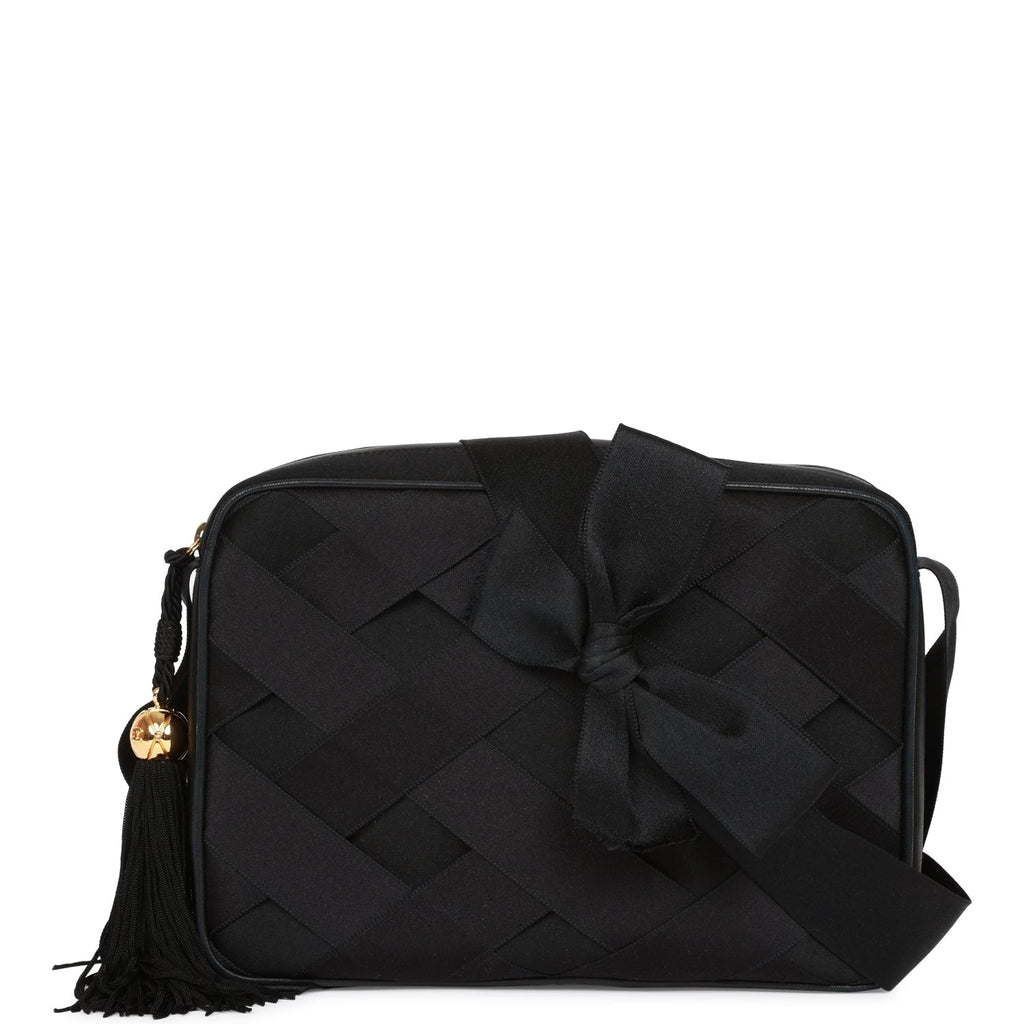 Chanel Vintage Ribbon Camera Bag Black Satin Gold Hardware