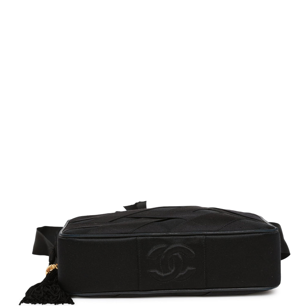 Chanel Vintage Ribbon Camera Bag Black Satin Gold Hardware