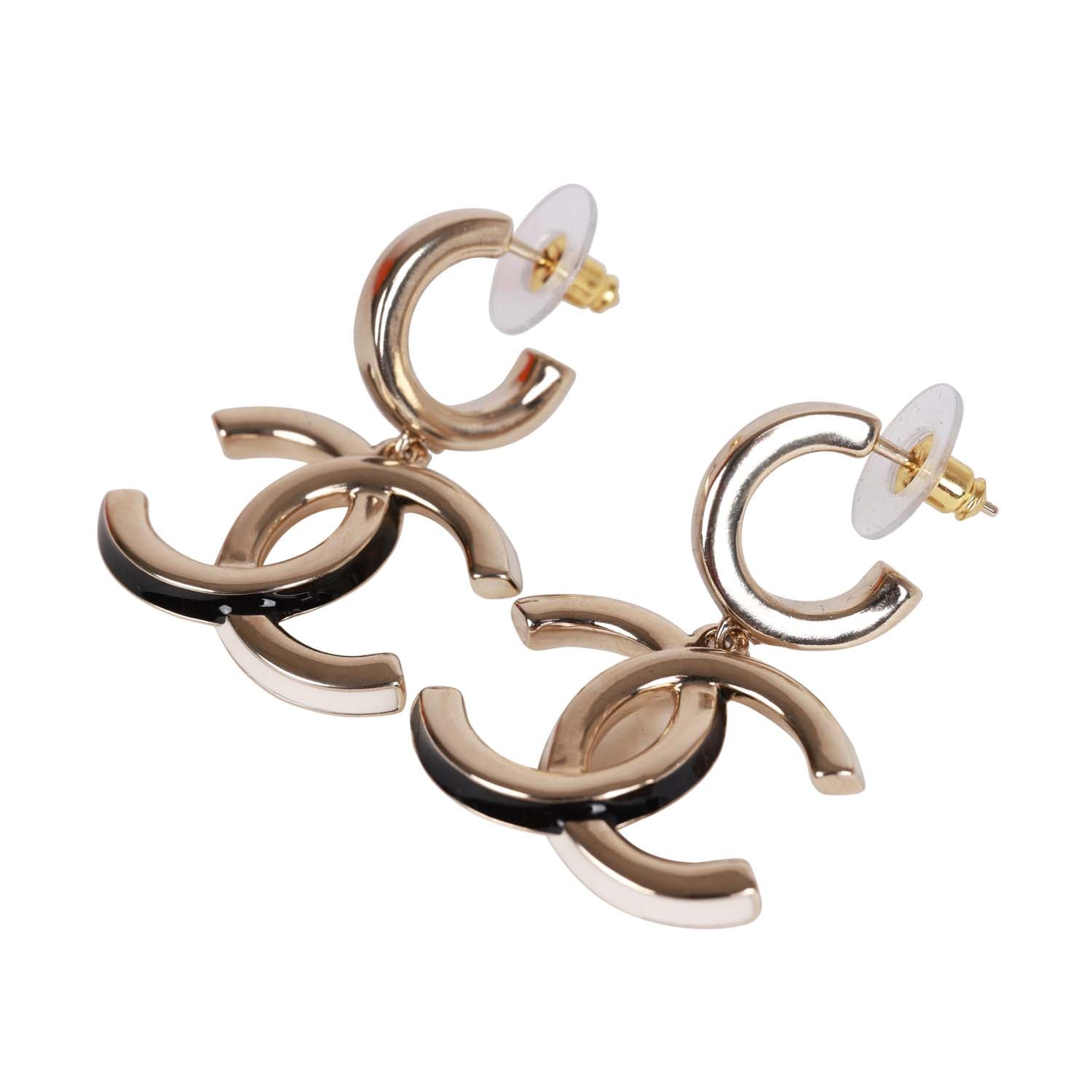 Chanel Gold, Black and White CC Hoop Earrings