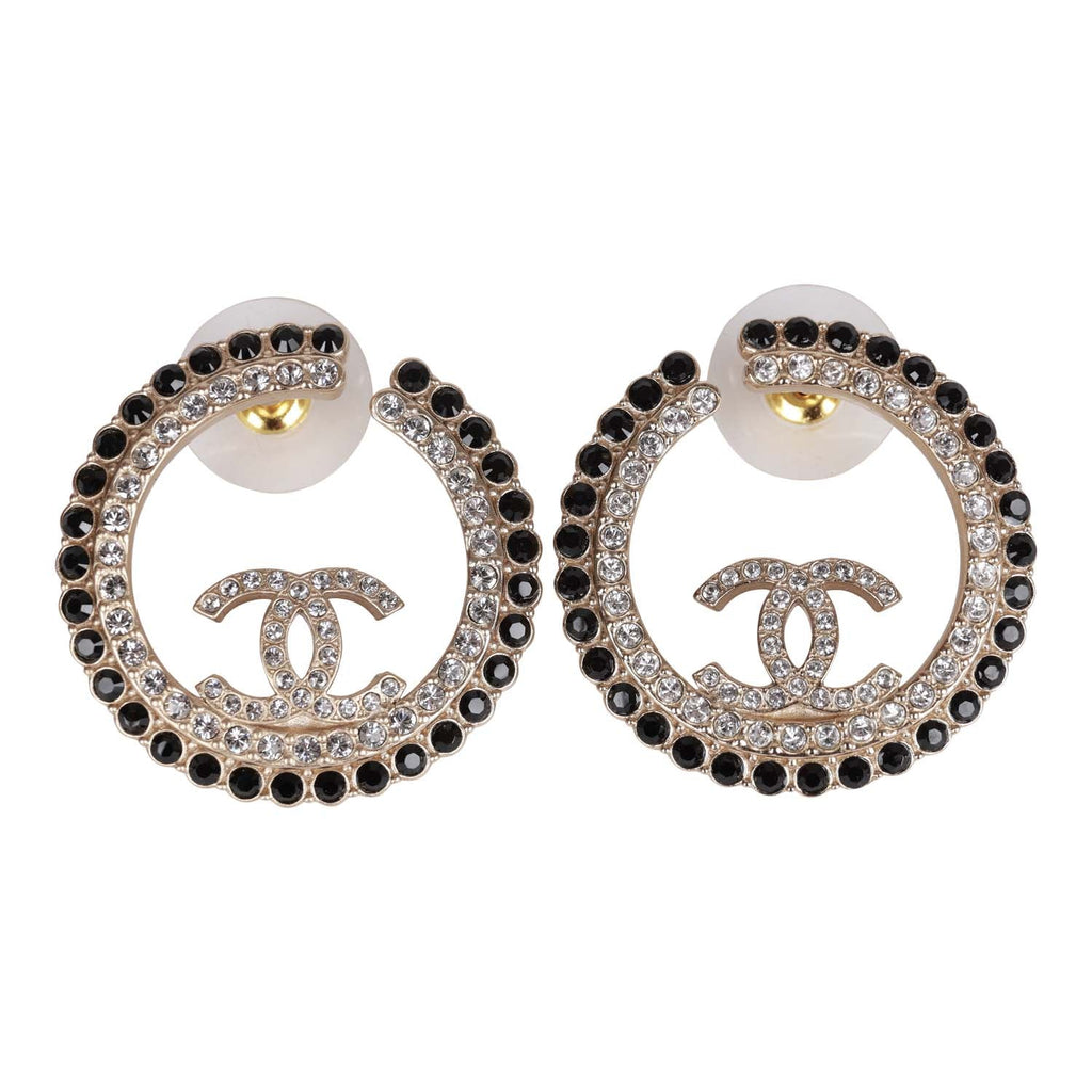 Chanel Gold, Black and Crystal CC Hoop Earrings
