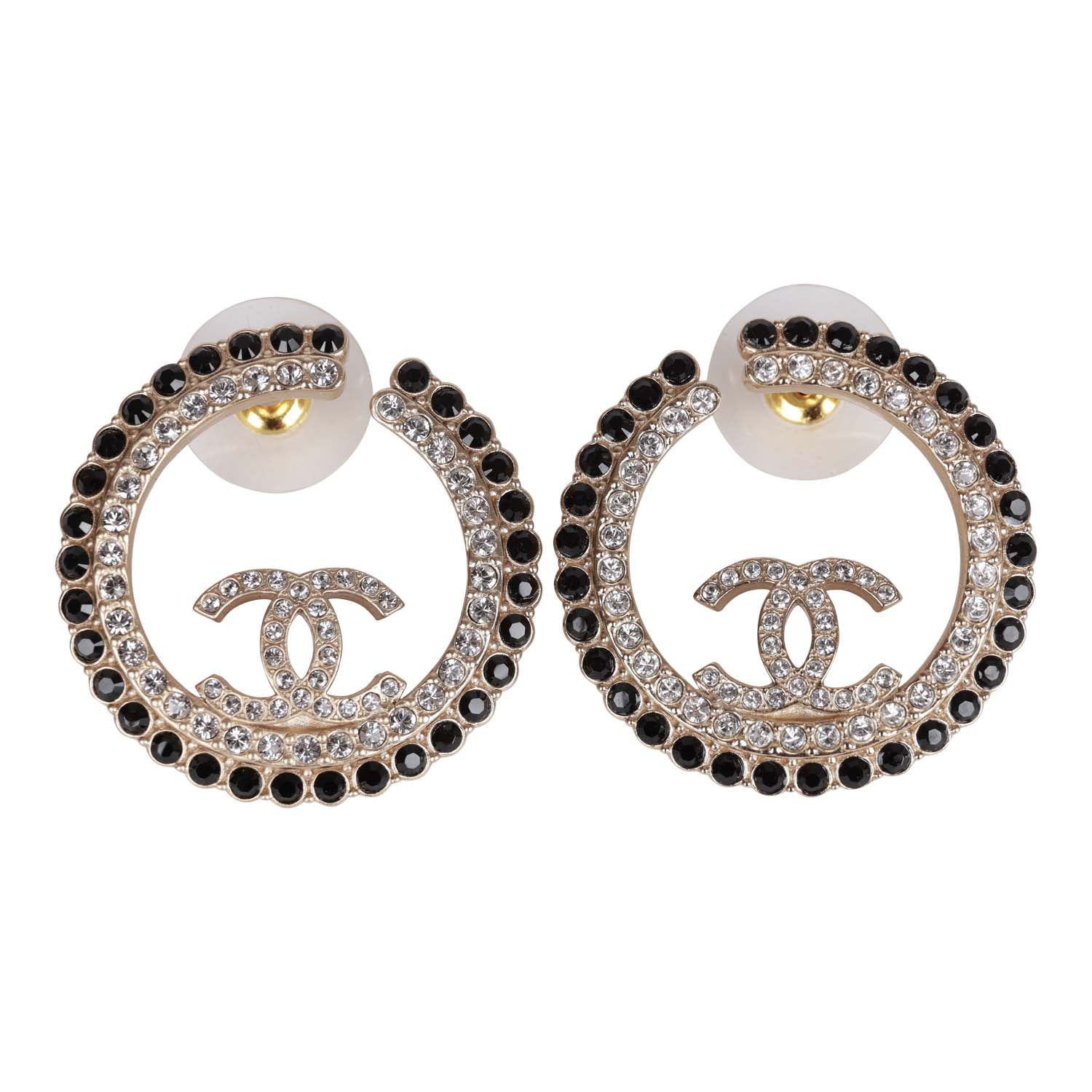 Chanel Gold, Black and Crystal CC Hoop Earrings