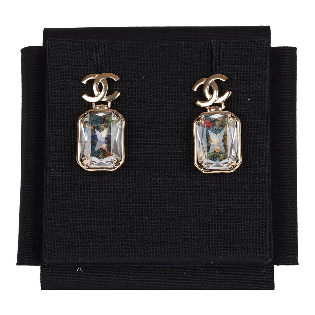 Chanel Gold Crystal CC Pendant Earrings