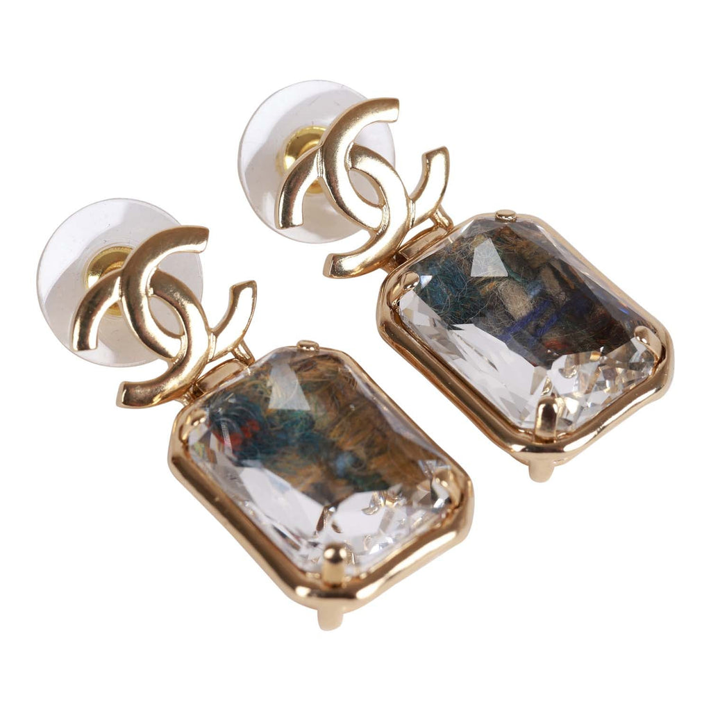 Chanel Gold Crystal CC Pendant Earrings