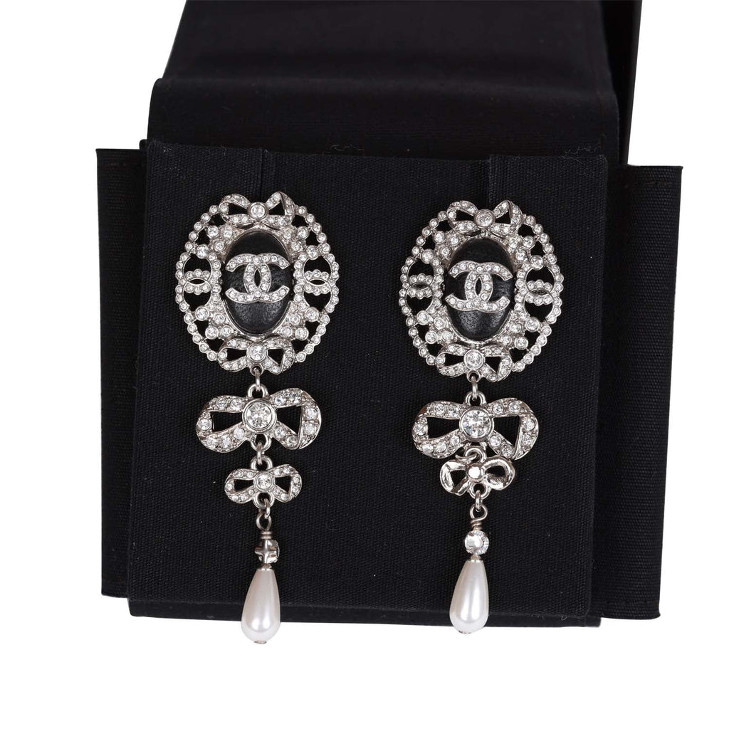 Chanel Silver Crystal and Pearl Pendant Drop Earrings