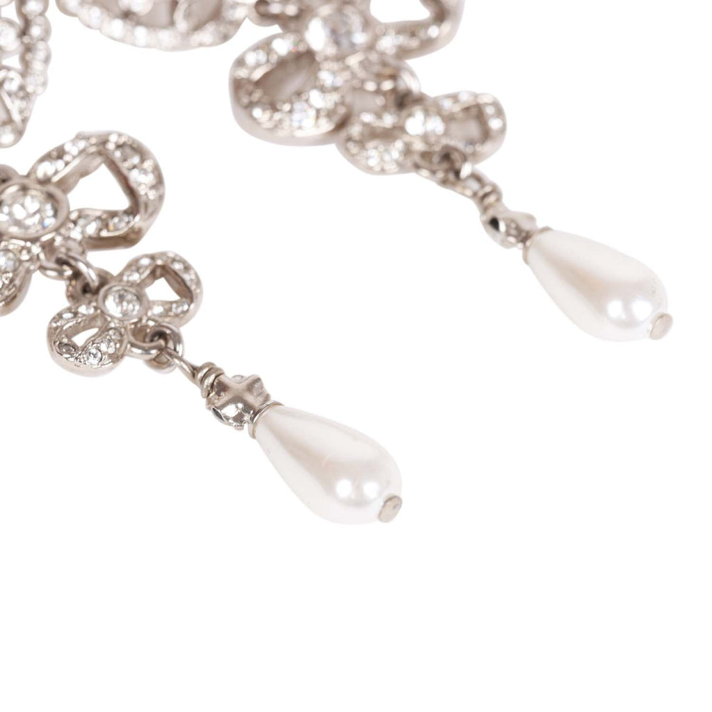 Chanel Silver Crystal and Pearl Pendant Drop Earrings