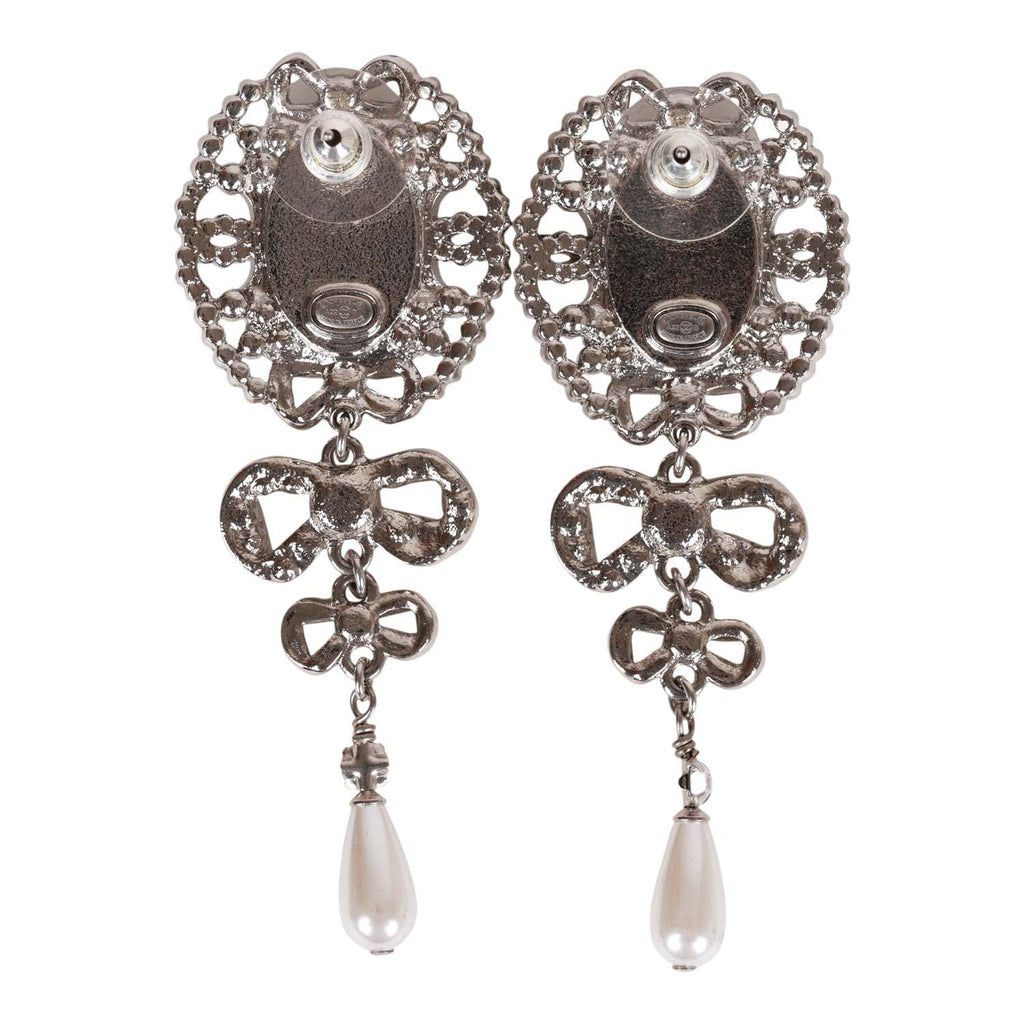 Chanel Silver Crystal and Pearl Pendant Drop Earrings