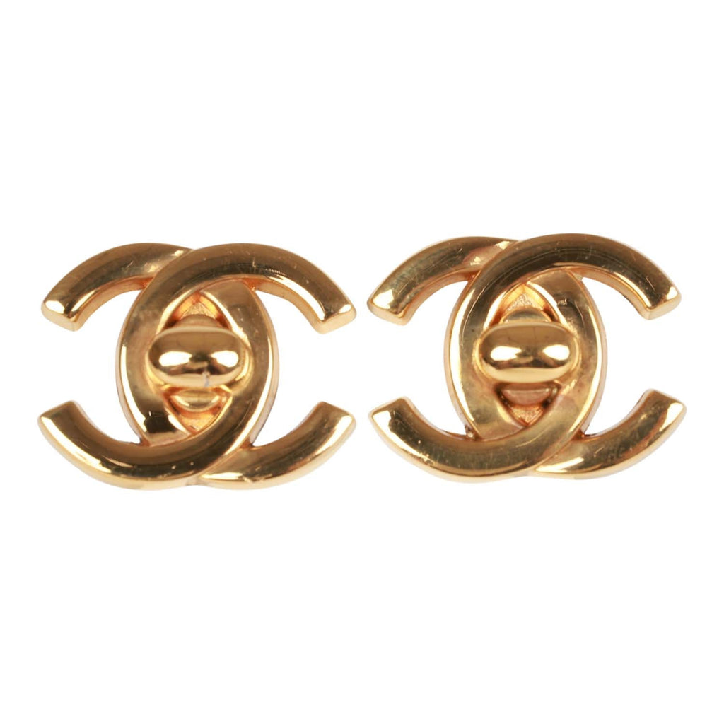 Chanel Vintage 24K Gold Plated Iconic CC Turn Lock Clip Earrings