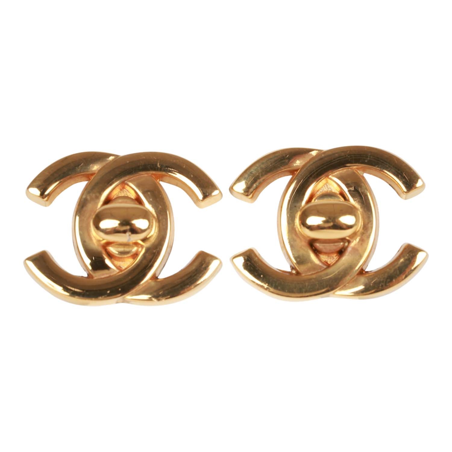 Chanel Vintage 24K Gold Plated Iconic CC Turn Lock Clip Earrings