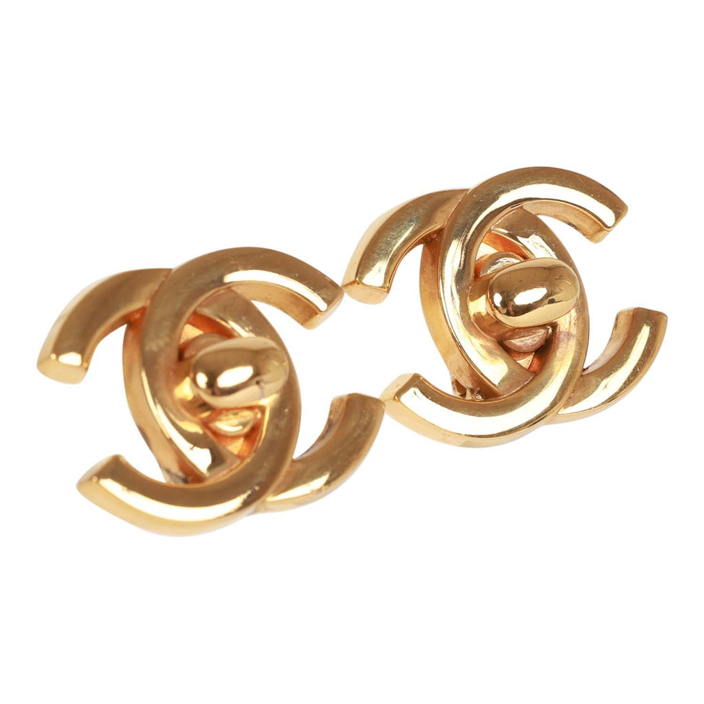 Chanel Vintage 24K Gold Plated Iconic CC Turn Lock Clip Earrings