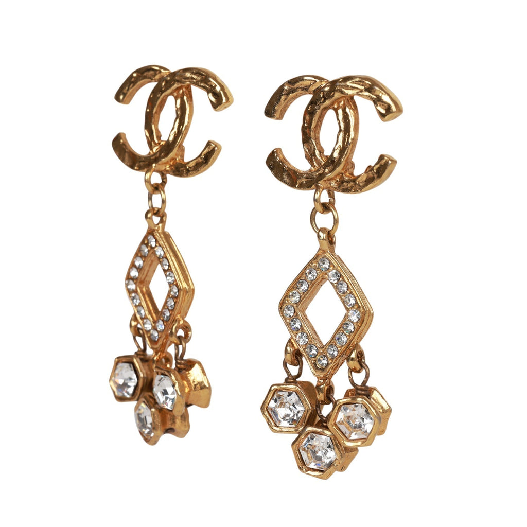 Chanel Vintage 24K Gold Plated Textured CC and Rhinestone Chandelier Clip Earrings