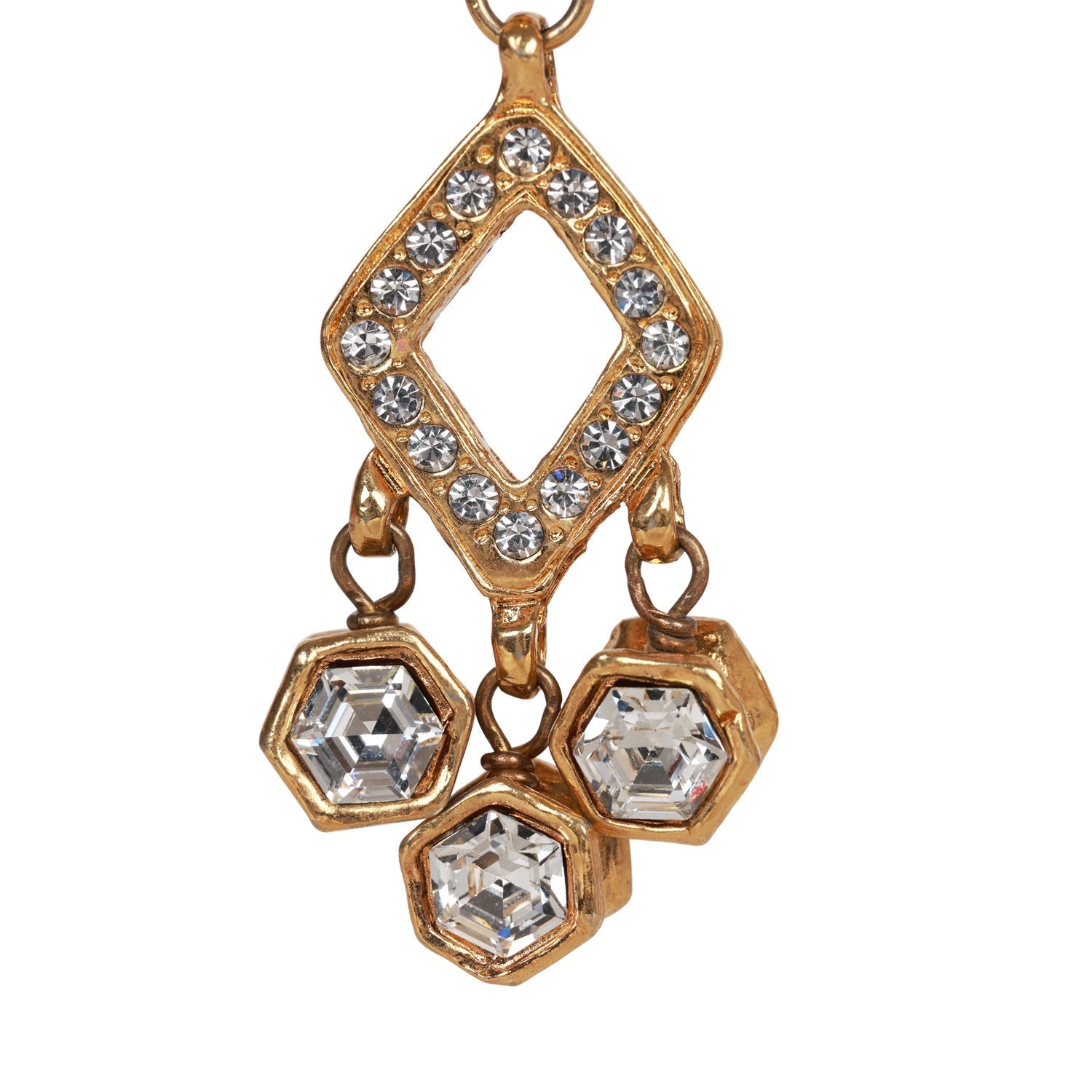 Chanel Vintage 24K Gold Plated Textured CC and Rhinestone Chandelier Clip Earrings
