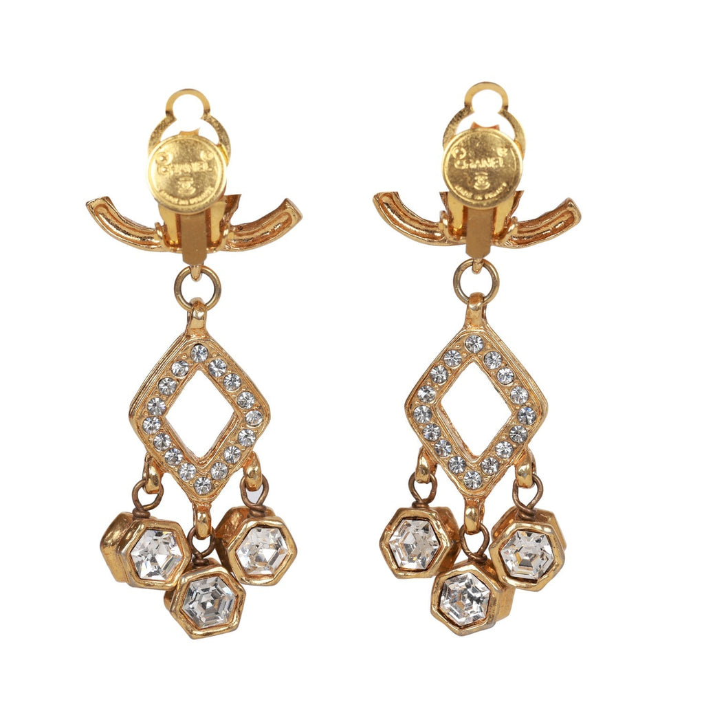 Chanel Vintage 24K Gold Plated Textured CC and Rhinestone Chandelier Clip Earrings