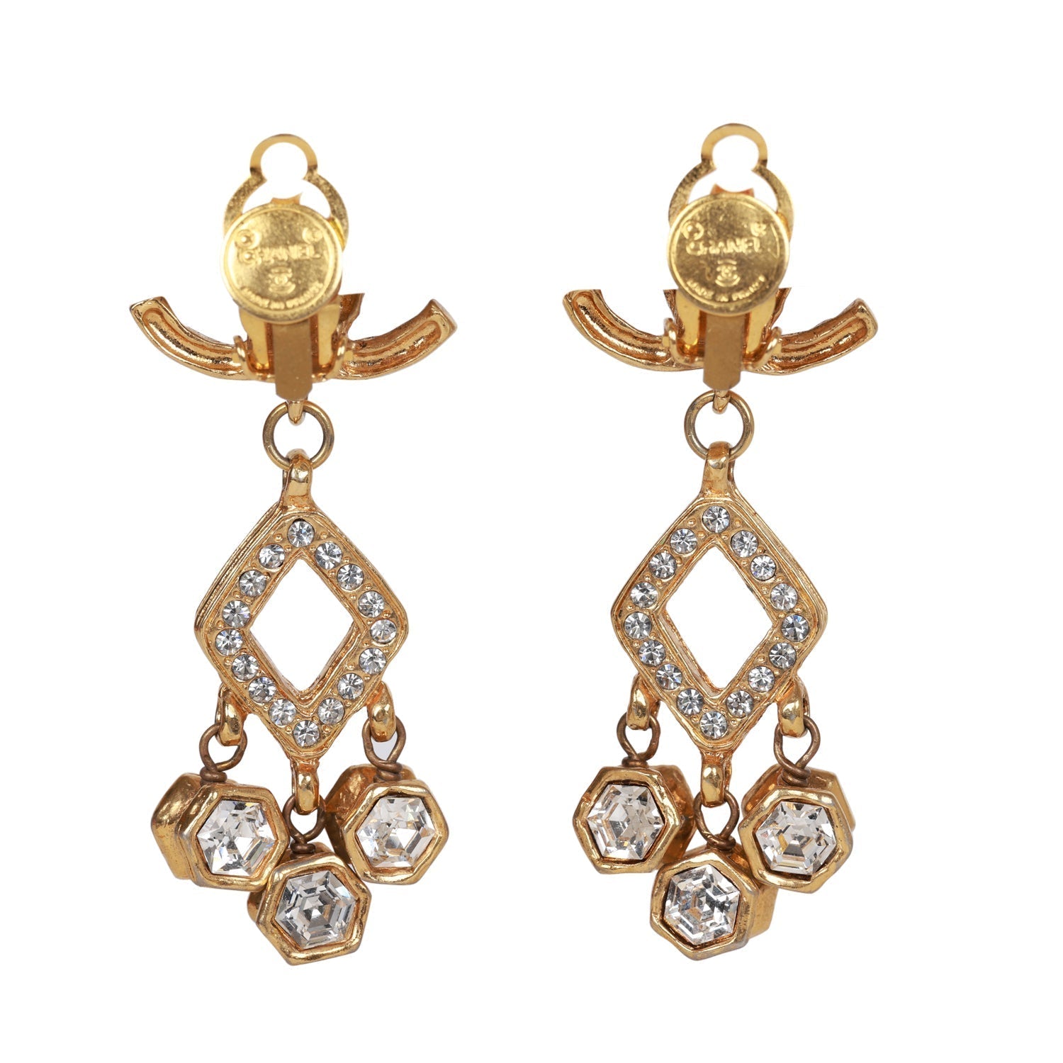 Chanel Vintage 24K Gold Plated Textured CC and Rhinestone Chandelier Clip Earrings