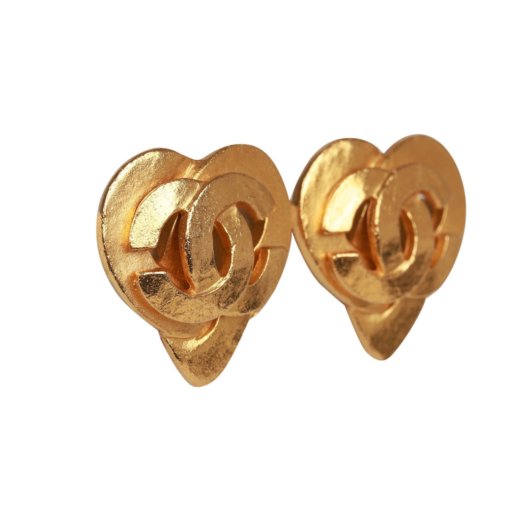 Chanel Vintage 24K Gold Plated CC Heart Earrings
