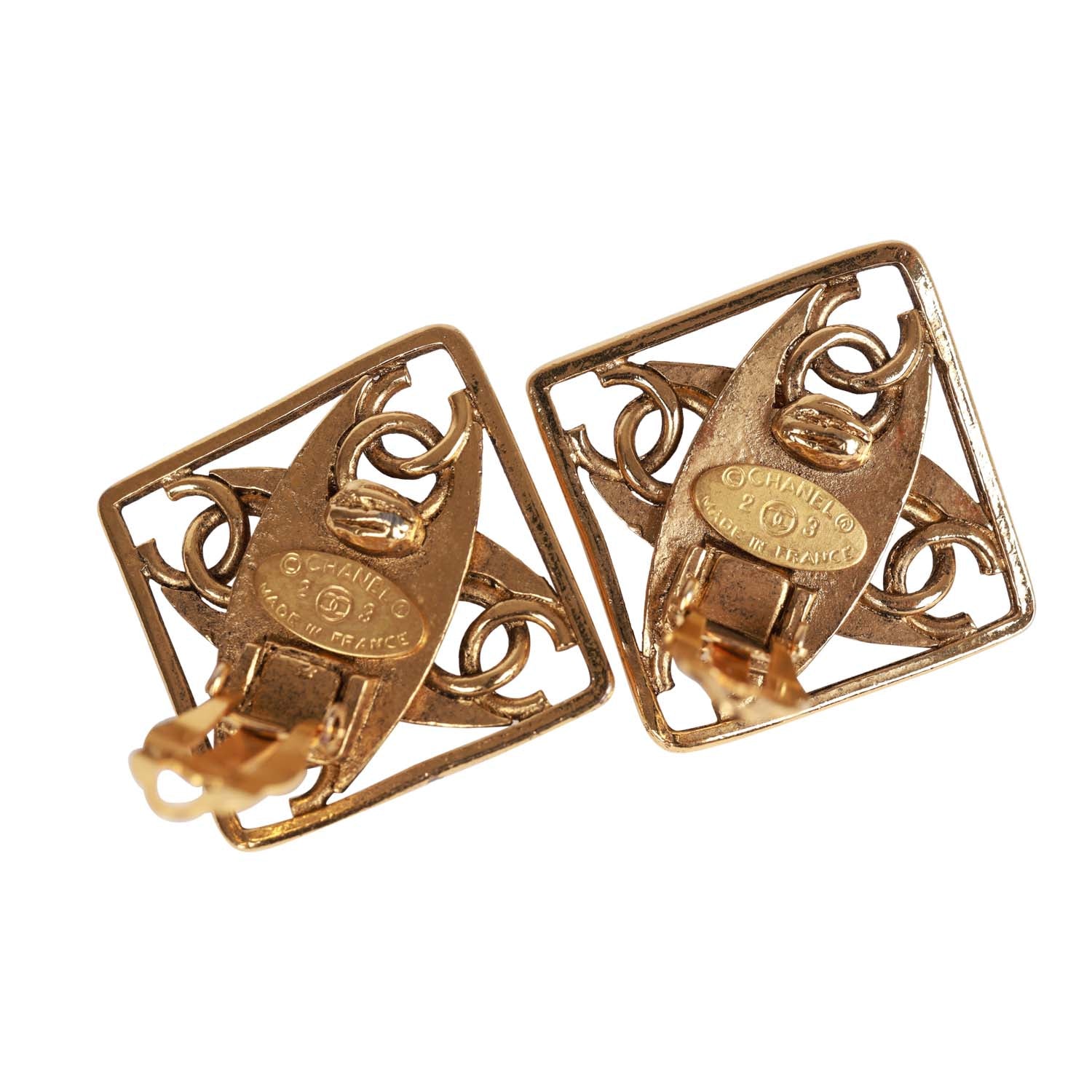 Chanel Vintage 24K Gold Plated CC Square Pearl Earrings