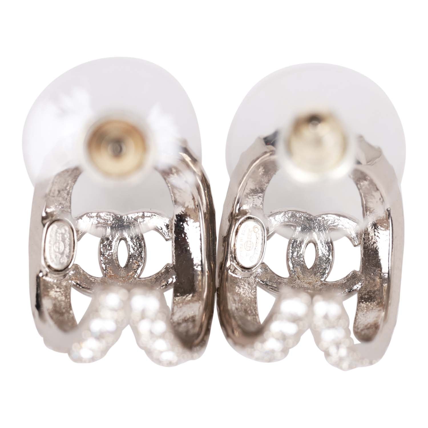 Chanel CC Huggie Silver and Crystal C Hoop Earrings
