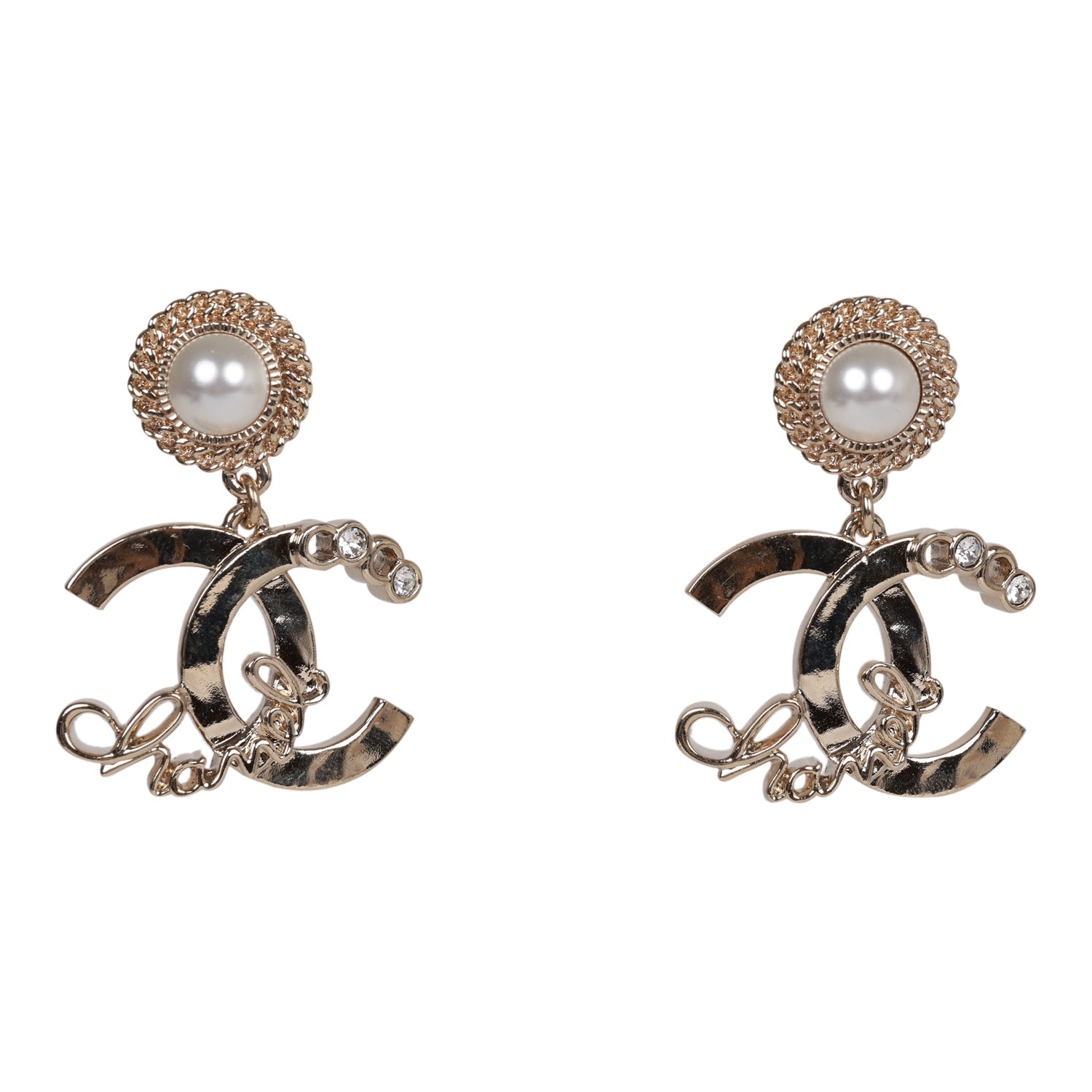 Chanel Light Gold Faux Pearl Crystal Coco Script CC Drop Earrings
