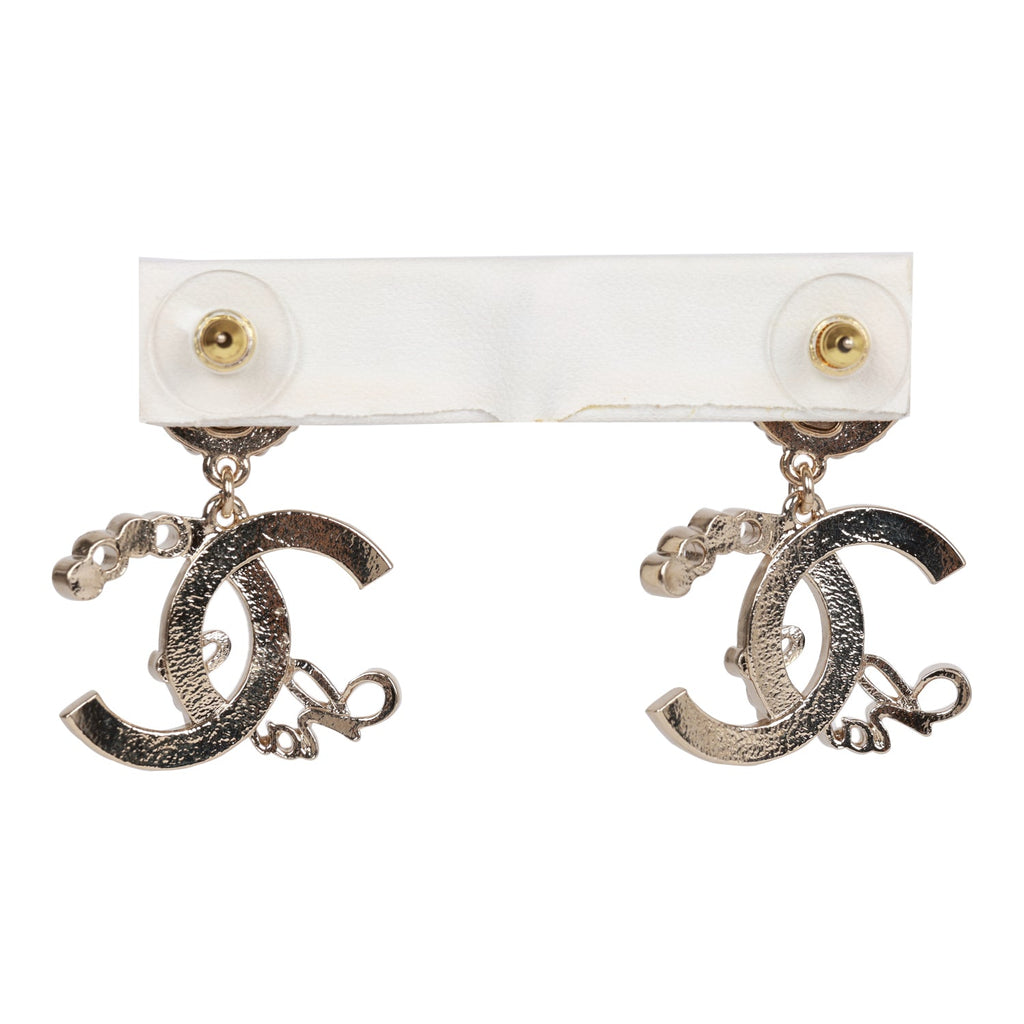 Chanel Light Gold Faux Pearl Crystal Coco Script CC Drop Earrings
