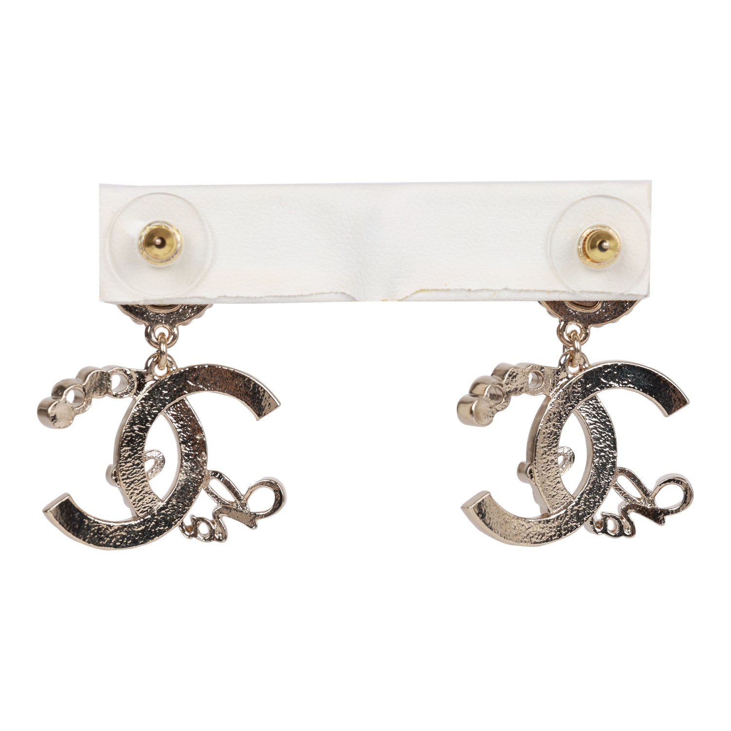Chanel Light Gold Faux Pearl Crystal Coco Script CC Drop Earrings