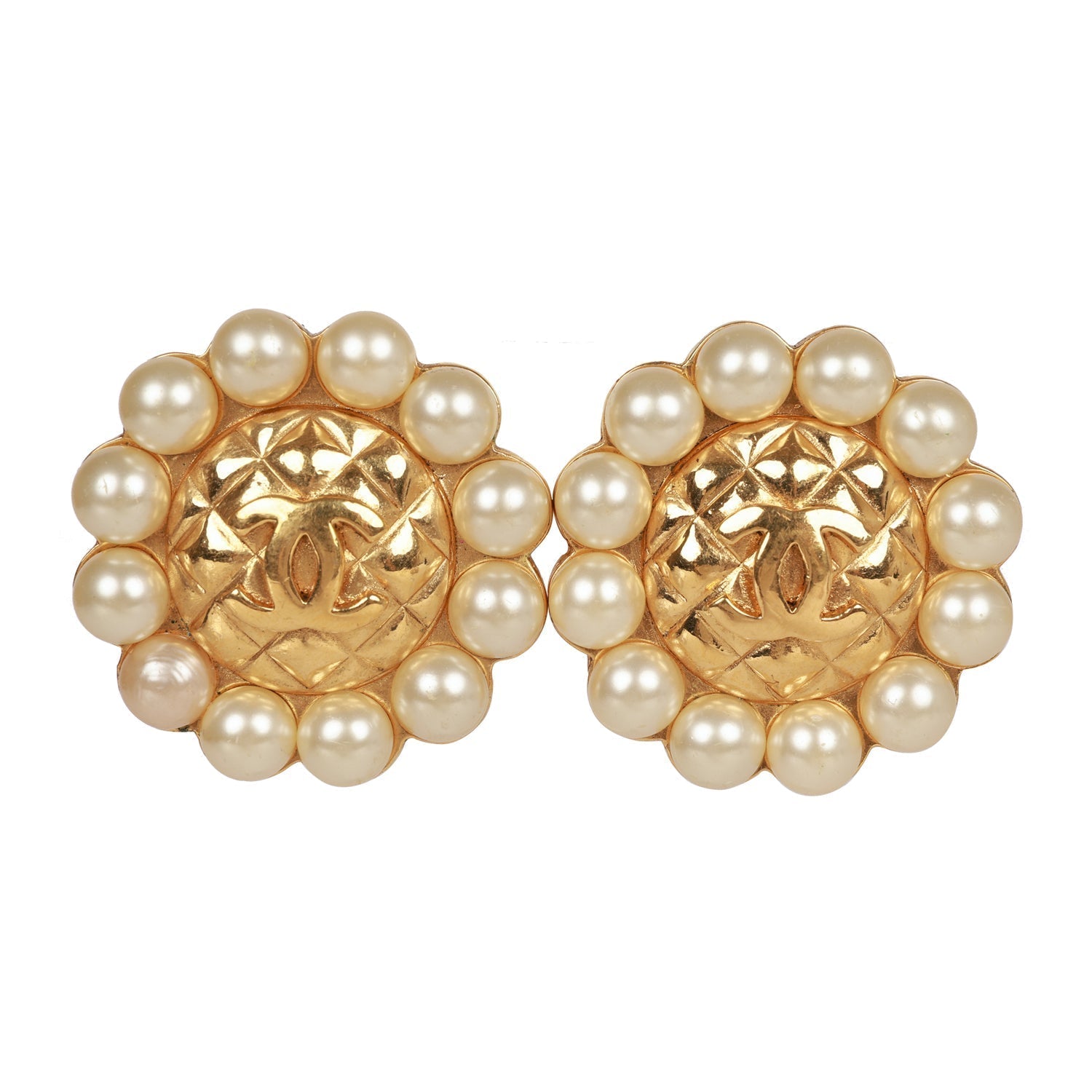 Chanel Vintage 24K Gold Plated CC Logo Pearl Circle Earrings