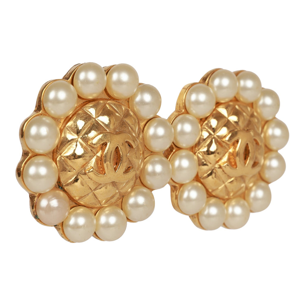 Chanel Vintage 24K Gold Plated CC Logo Pearl Circle Earrings