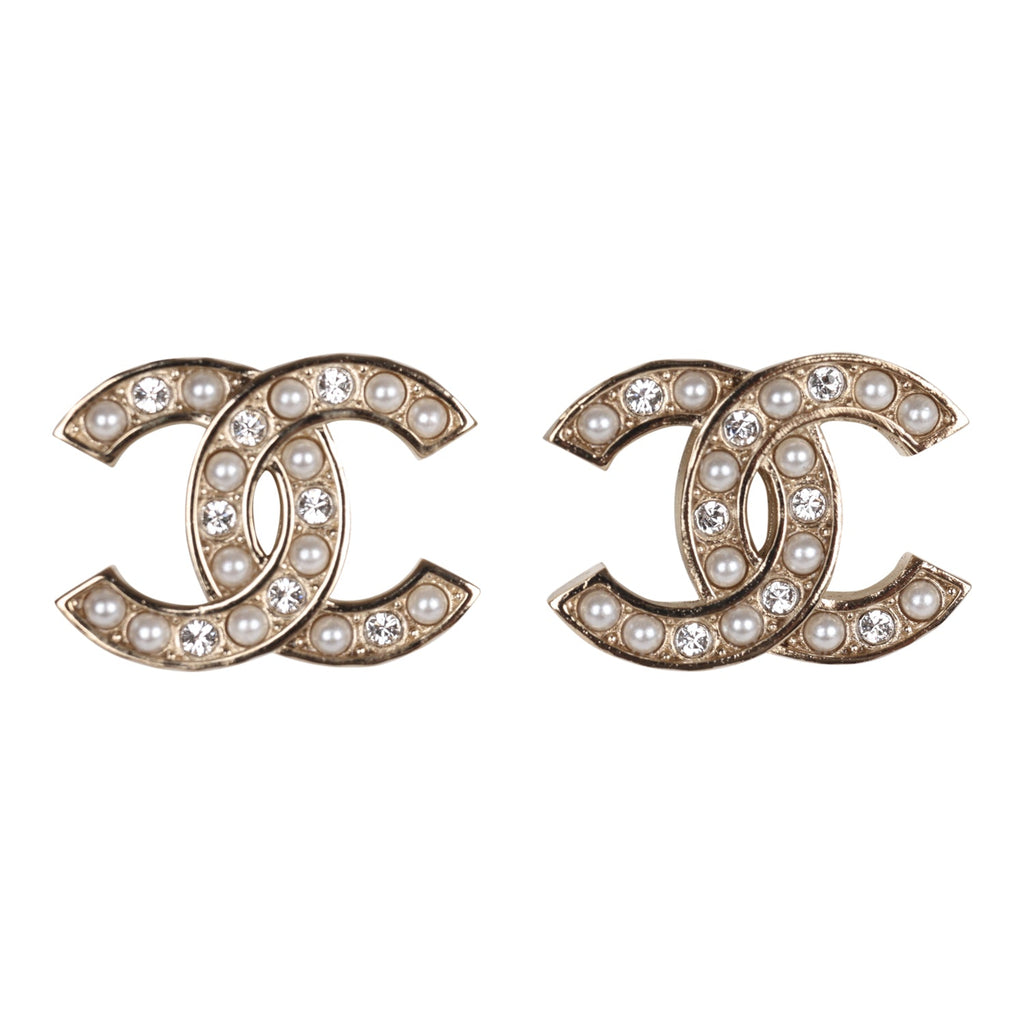 Chanel Gold Crystal and Pearl CC Stud Earrings
