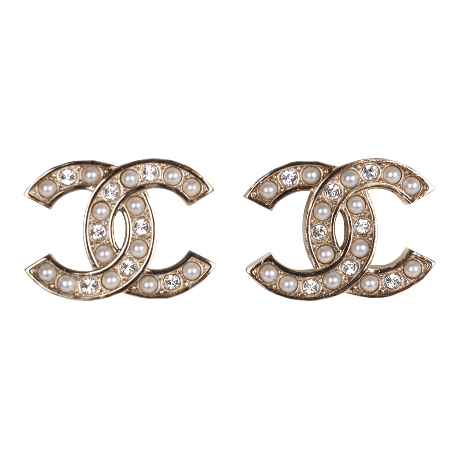 Chanel Gold Crystal and Pearl CC Stud Earrings