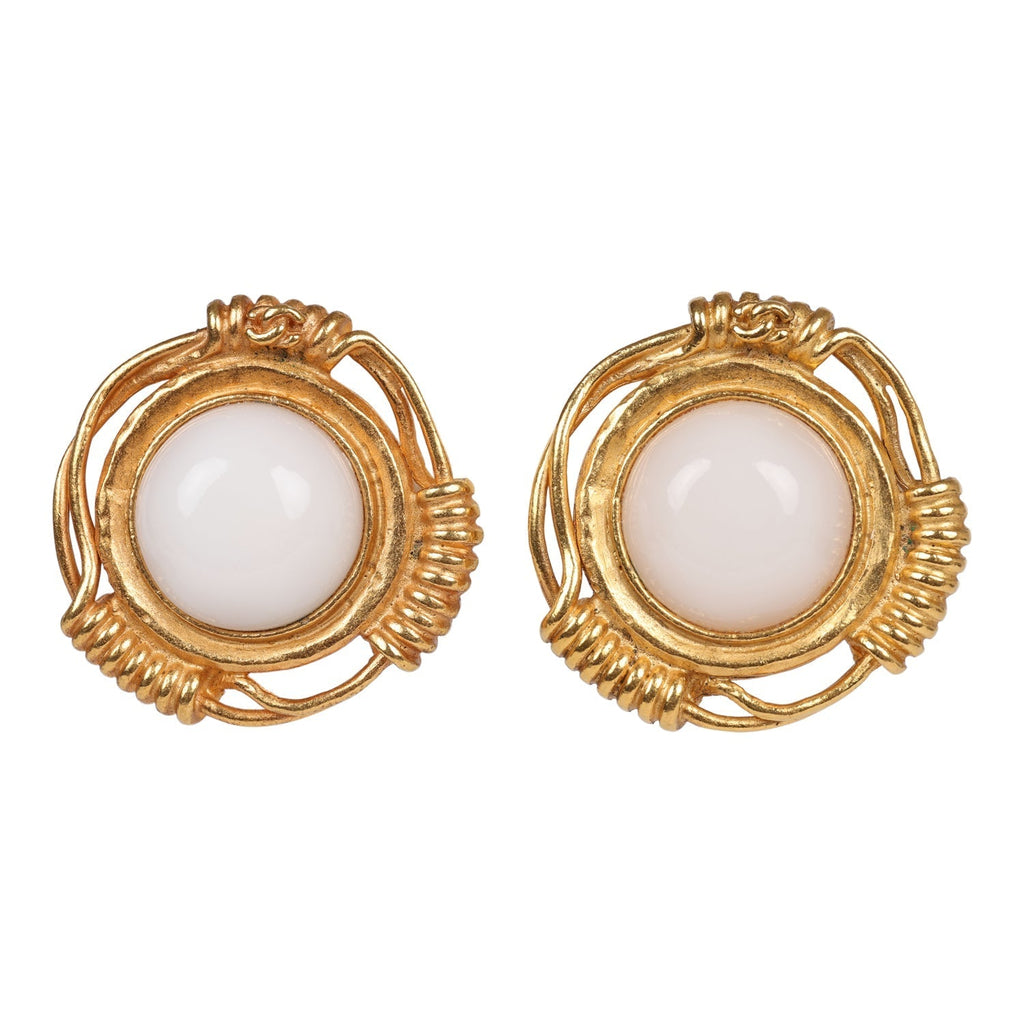 Chanel Vintage 24K Gold Plated White Gripoix Earrings