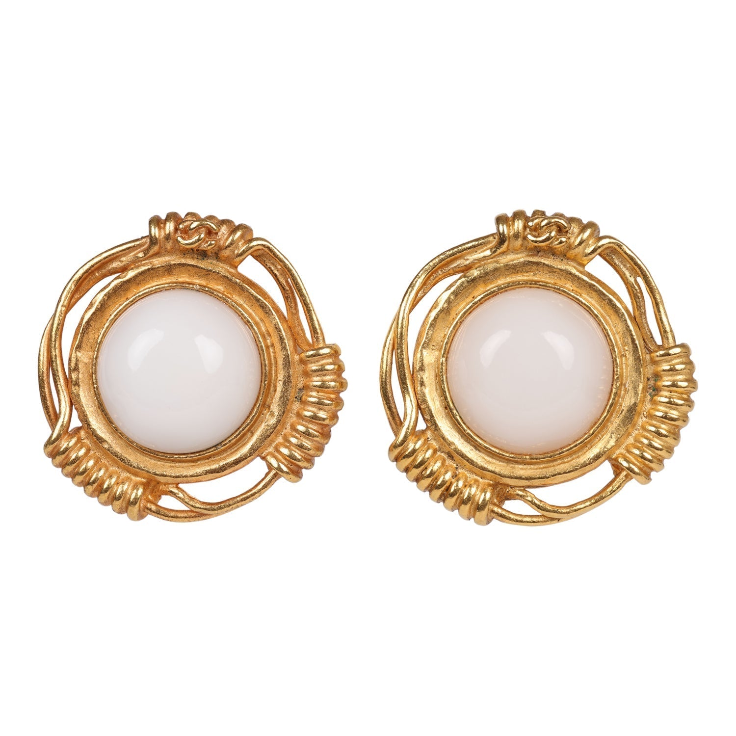 Chanel Vintage 24K Gold Plated White Gripoix Earrings